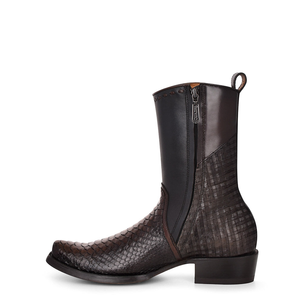 Cuadra Black Python Laser & Woven & Zipper Narrow SQ Toe CU557