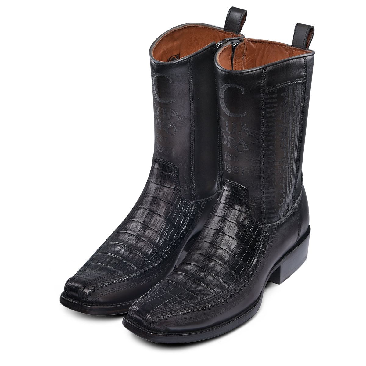 Cuadra Plunge Black Caiman Laser & Woven Narrow Square Toe CU805