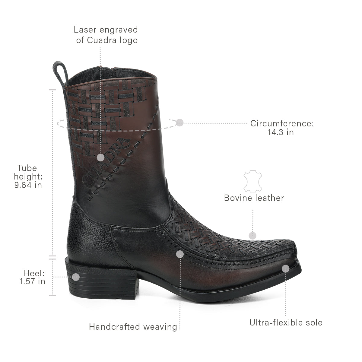 Cuadra Chocolate Laser & Woven & Zipper Narrow Square Toes CC293