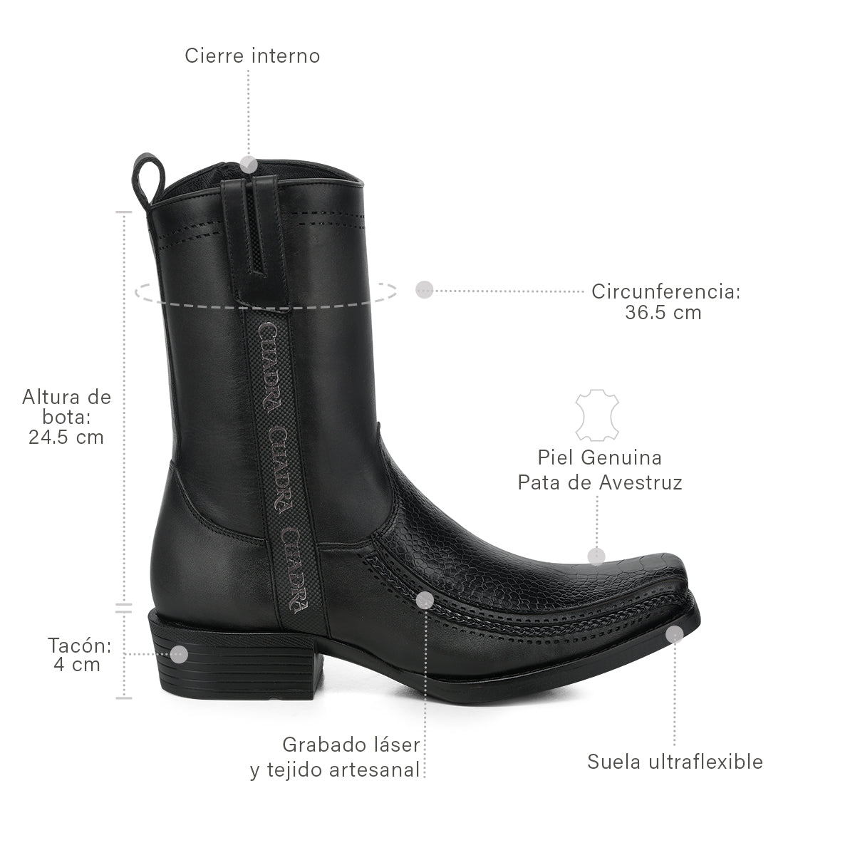 Black Ostrich Leg Laser & Zipper  Narrow  Square CC299