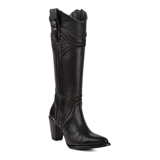 Cuadra Black Python Embroidery & Studs & Zipper  Round Toe CU867