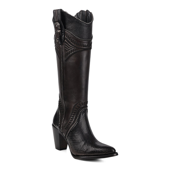 Cuadra Black Python Embroidery & Studs & Zipper  Round Toe CU867