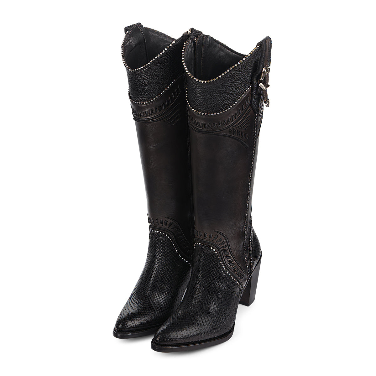 Cuadra Black Python Embroidery & Studs & Zipper  Round Toe CU867