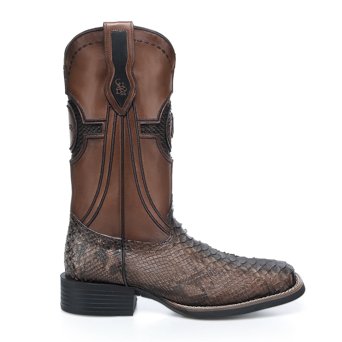 Cuadra Brown Python Embroidery & Laser & Studs & Woven Square Toe CU978