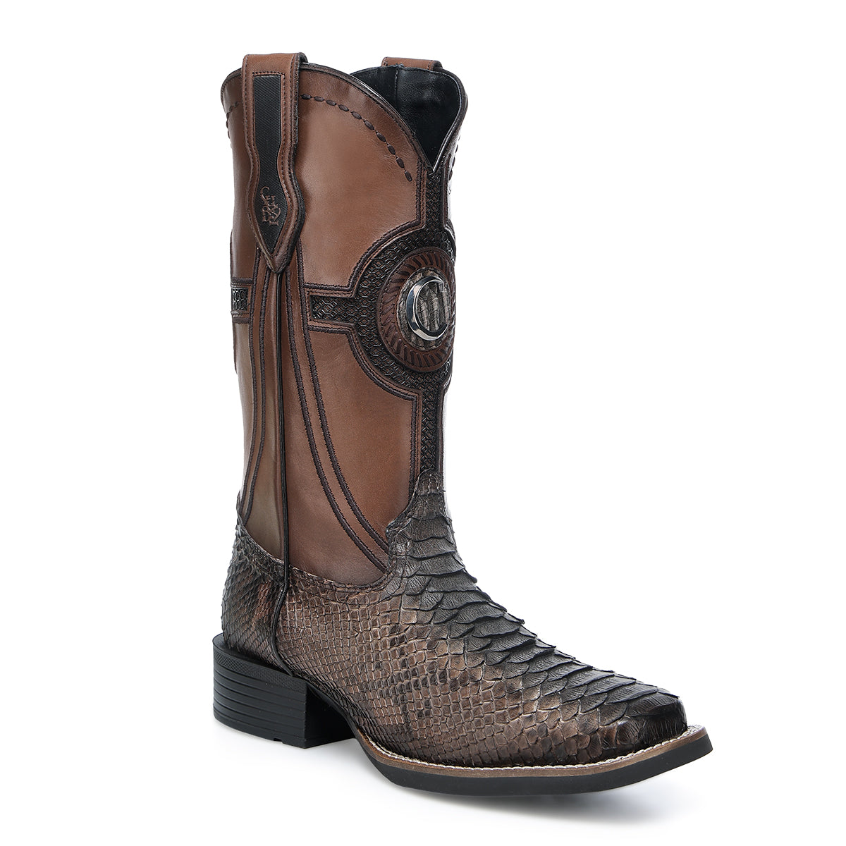 Cuadra Brown Python Embroidery & Laser & Studs & Woven Square Toe CU978