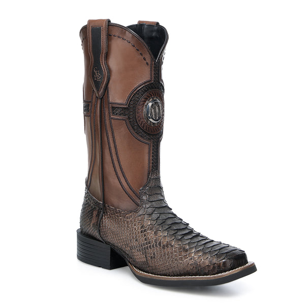 Cuadra Brown Python Embroidery & Laser & Studs & Woven Square Toe CU978