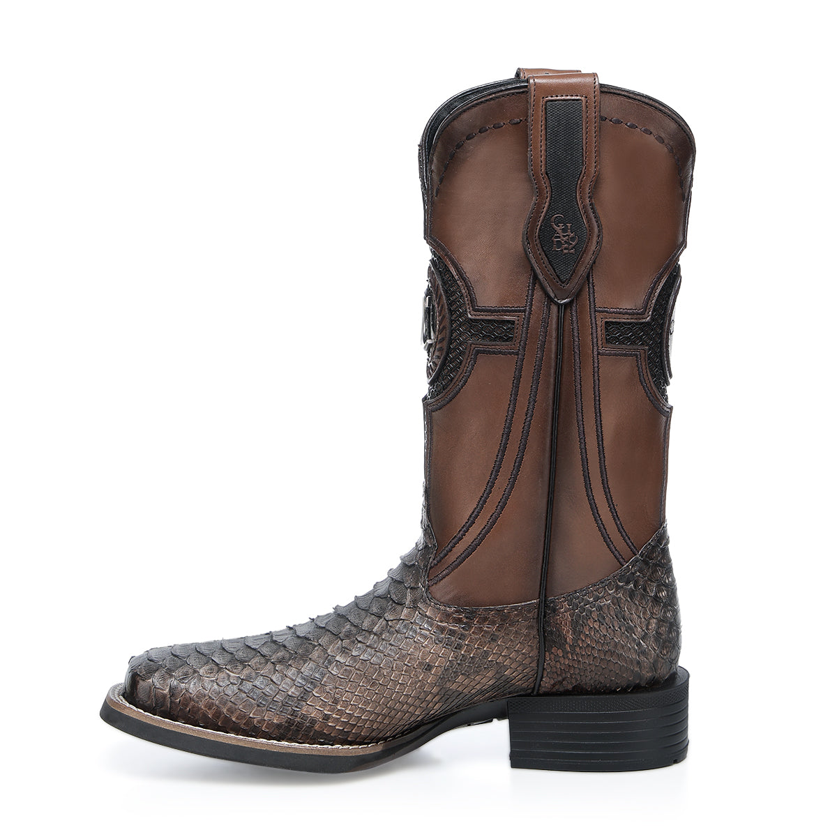 Cuadra Brown Python Embroidery & Laser & Studs & Woven Square Toe CU978