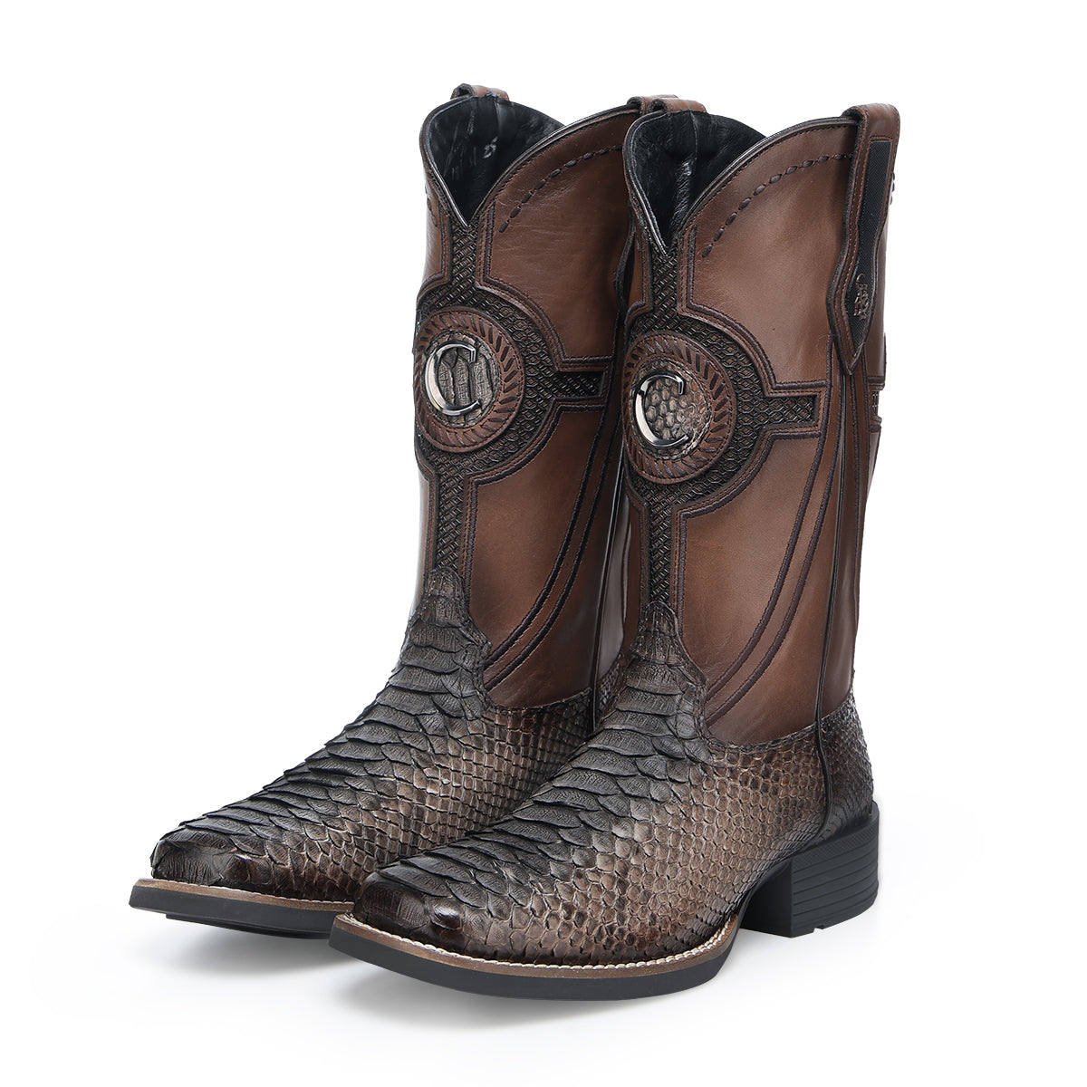 Cuadra Brown Python Embroidery & Laser & Studs & Woven Square Toe CU978