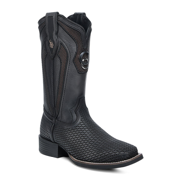 Cuadra Black Laser & Embroidery & Studs Square Toe CU985