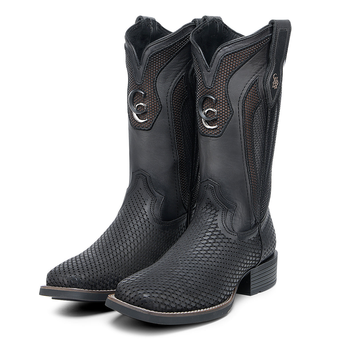 Cuadra Black Laser & Embroidery & Studs Square Toe CU985