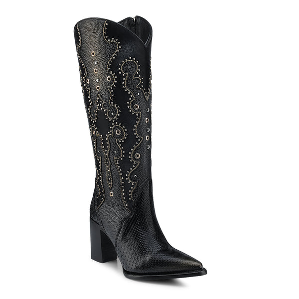 Cuadra Black Python Embroidery & Studs & Zipper CU869