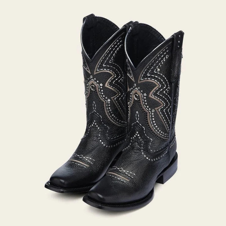 Cuadra Black Laser &  Embroidery & Studs Square Toe CU991