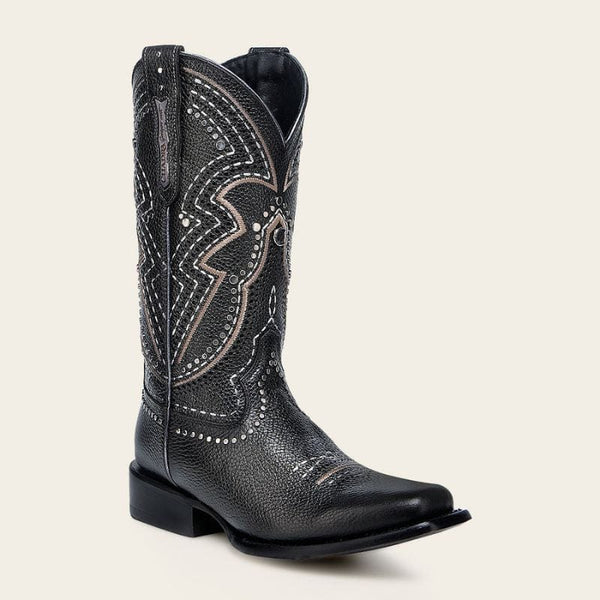 Cuadra Black Laser &  Embroidery & Studs Square Toe CU991