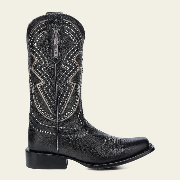 Cuadra Black Laser &  Embroidery & Studs Square Toe CU991