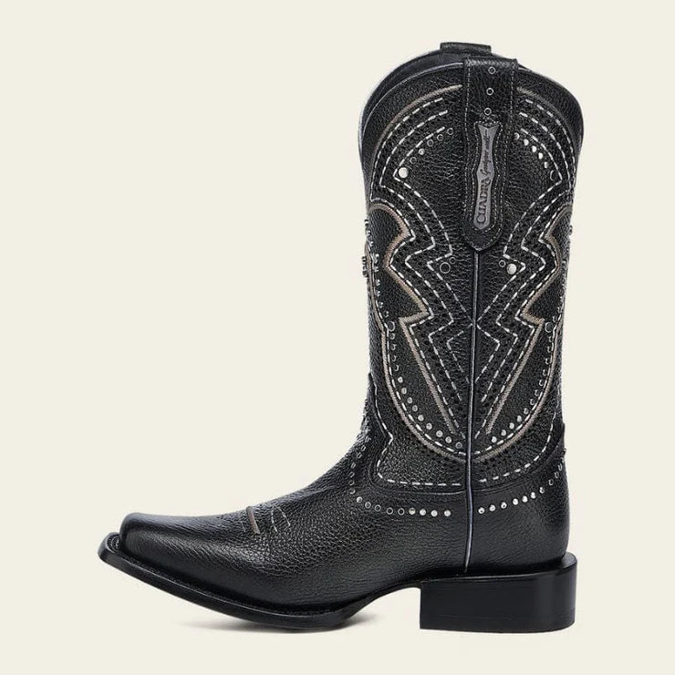 Cuadra Black Laser &  Embroidery & Studs Square Toe CU991